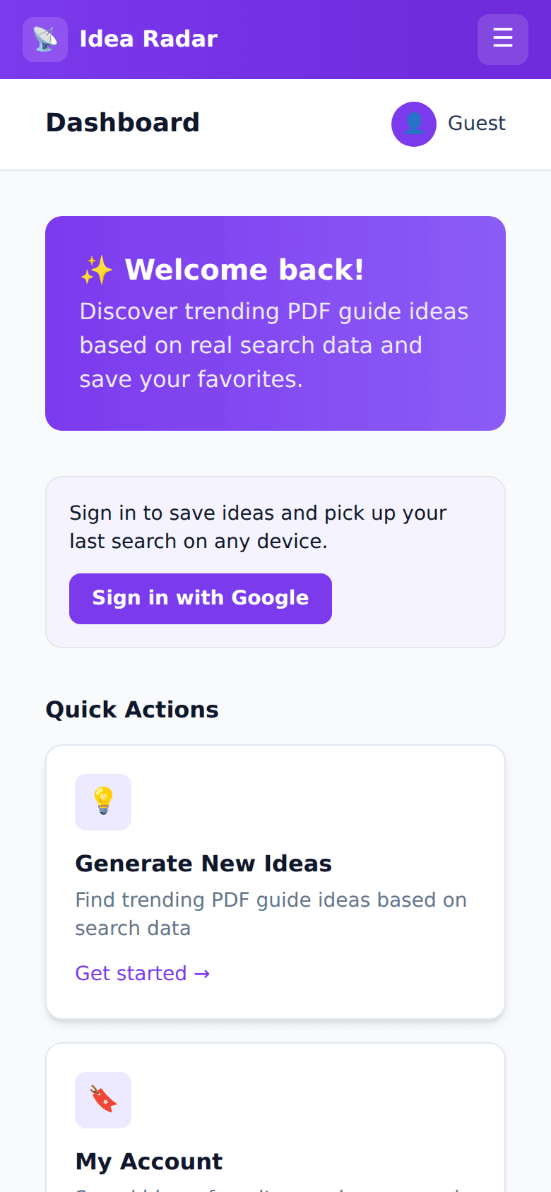 Idea Radar's dashboard, shown on a phone
